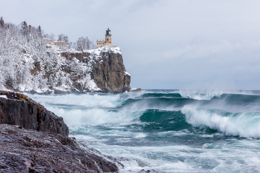 Split Rock Lighthouse in winter, which can be seen during romantic getaways in Minnesota